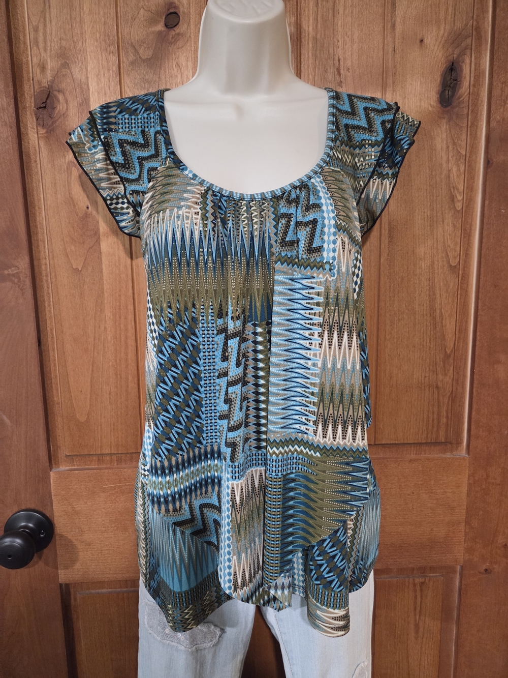 Dress Barn Blue and Olive Geometric Scoop Neck Blouse